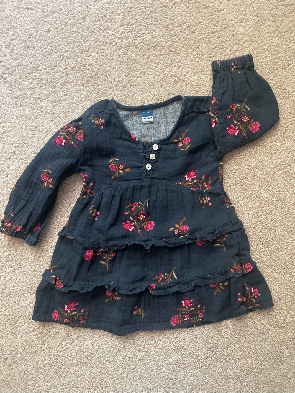Old Navy Black Floral Tiered Peasant Dress with Pink Roses